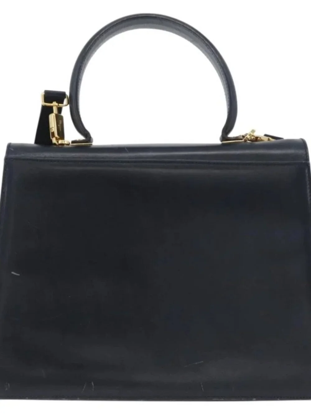 Salvatore Ferragamo Gancini Hand Bag Leather 2way Navy Gold Auth AMZ378
